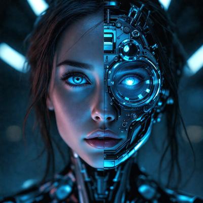 The primary subject of the image is a woman with blue eyes, who is wearing a futuristic, high-tech outfit. The setting is a dark room, and the visual style is a digital art or illustration. The woman's eyes are glowing blue, and the overall atmosphere is mysterious and intriguing.